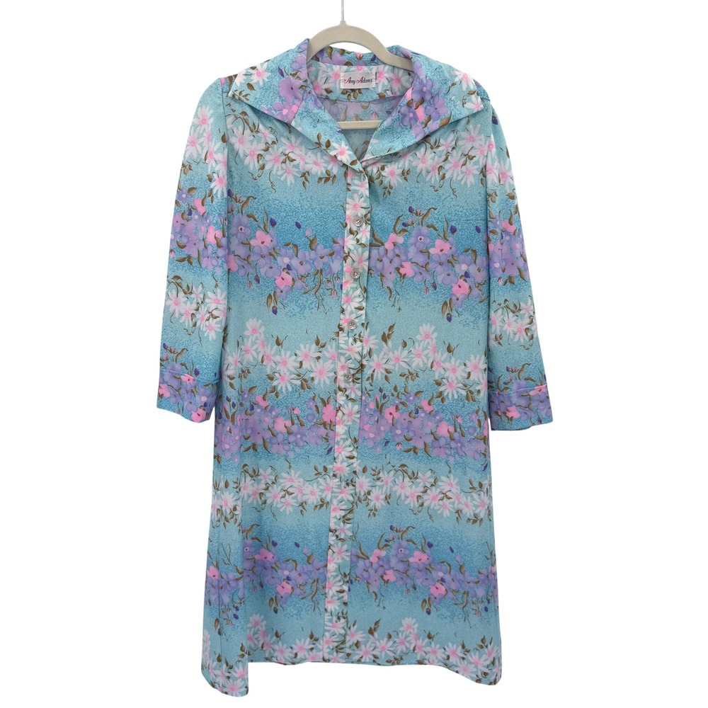 Vintage Amy Adams Floral Button Front Duster Dress Blue Purple 3/4 Sleeve 39in L